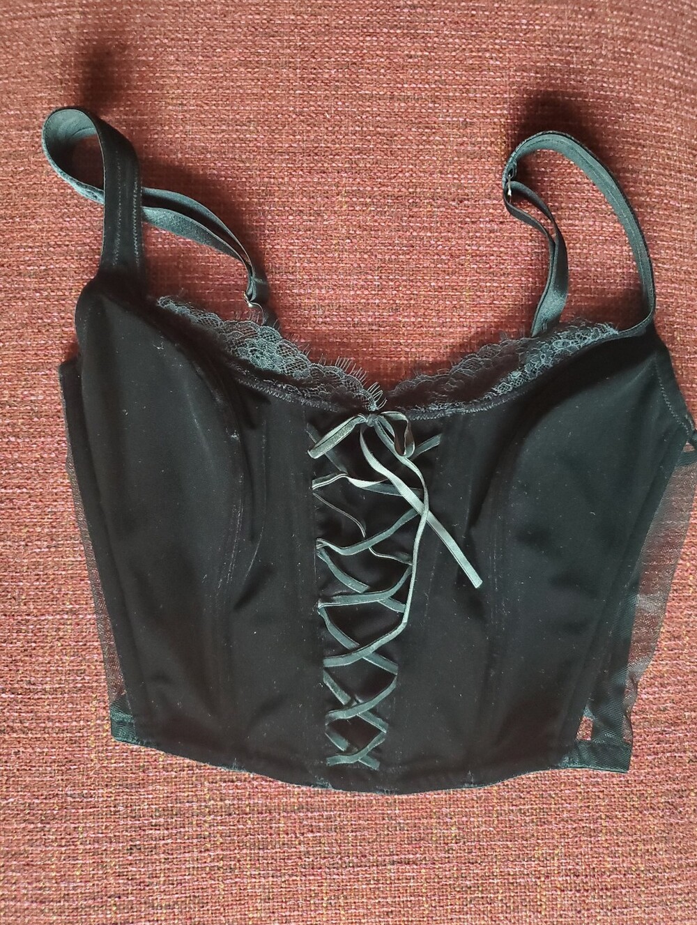 Victoria Secret Black Velvet Lace-Up Bustier Crop Top Small Festival Bridal